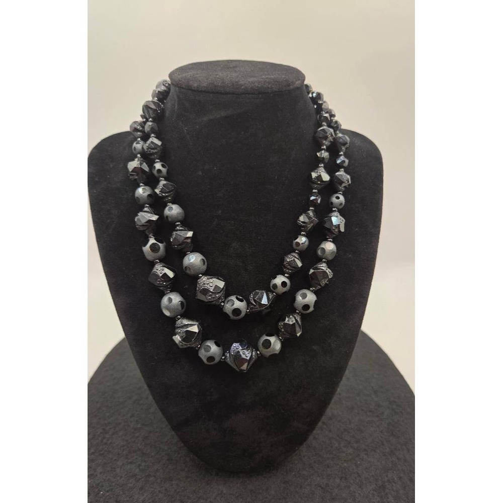 Black Bead Necklace Double Strand Faceted Mid Century Statement Chunky